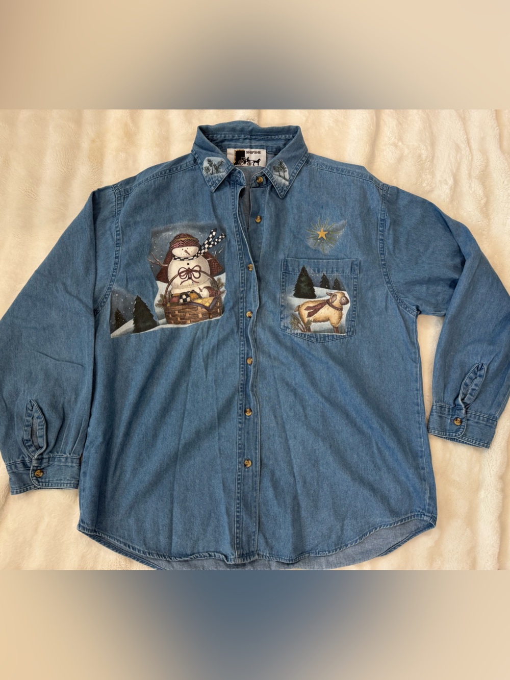 Vintage Shipshe Casuals Winter Denim Button Up Snowman Bunny Large